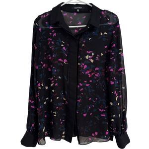 Ellen Tracy Women's MEDIUM Black and Purple Sheer Button Up Shirt Blouse